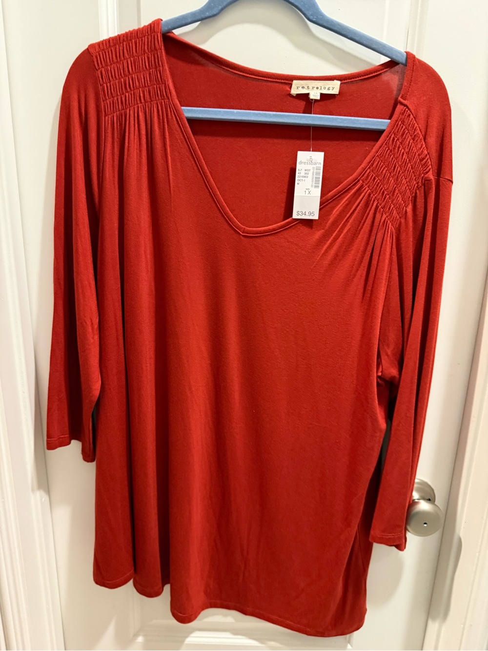 dressbarn Rust Smocked-Shoulder V-Neck Long Sleeve Top